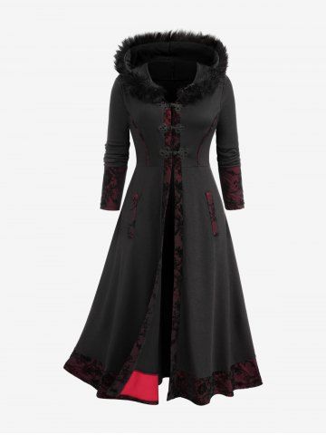 Plus Size Chinese Buttons Floral Lace Fur Hooded Coat - BLACK - 3X | US 22-24