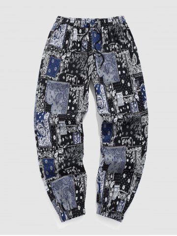 Men's Ethnic Style Paisley Printed Jacquard Drawstring Pockets Pull On Beam Feet Pants - DEEP BLUE - L