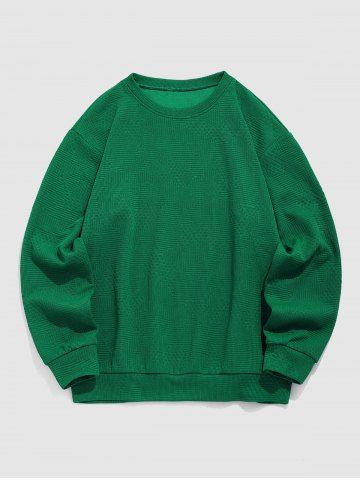 Men's Daily Casual Solid Color Jacquard Design Crew Neck Pullover Sweatshirt - GREEN - L