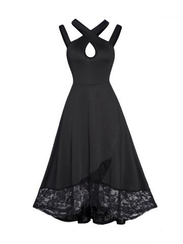 Cut Out Keyhole Sheer Floral Lace Panel Midi Party Dress - BLACK - S