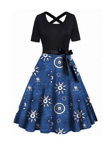 Sun Moon Print Crisscross Bowknot Belted Short Sleeve High Waisted A Line Midi Dress - BLACK - S