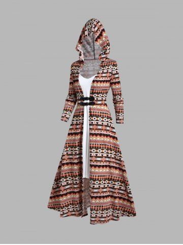 Plain Cami Dress And Tribal Print Buckle Longline Hooded Top Two Piece Ethnic Set - COFFEE - L