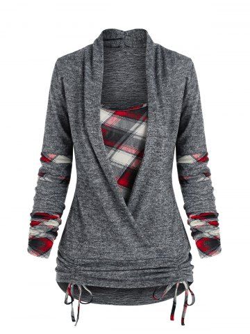 Plaid Print Cinched Heathered Faux Twinset T-shirt - GRAY - L