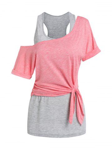 Skew Collar T-shirt and Racerback Tank Top Set - LIGHT PINK - XXL