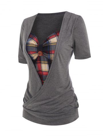 Plaid Print Wrap Short Sleeve Tee - GRAY - S