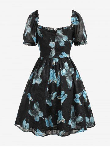 Plus Size Butterfly Print Ruffles Ruched Pentagram Zipper Dress