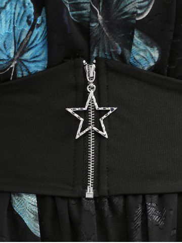 Plus Size Butterfly Print Ruffles Ruched Pentagram Zipper Dress