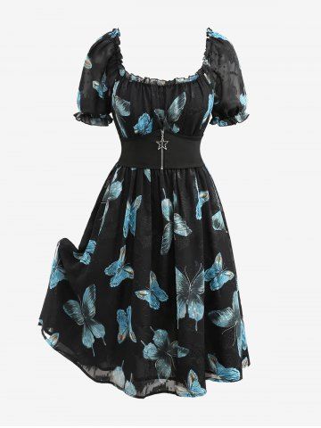Plus Size Butterfly Print Ruffles Ruched Pentagram Zipper Dress
