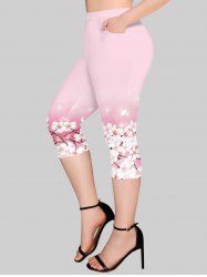 Plus Size Flower Print Pockets Capri Leggings -  