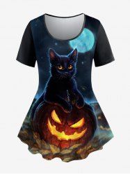 Gothic Halloween Cat Moon Pumpkin Leaf Print Short Sleeves T-shirt -  