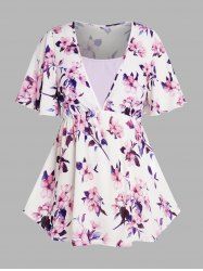 Plus Size Flower Print Short Sleeve Faux Twinset Blouse -  