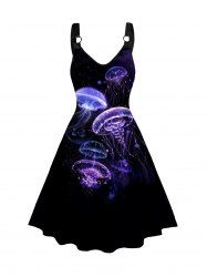 Jellyfish Pattern O-ring Strap Sleeveless High Waisted V Neck A Line Midi Dress -  