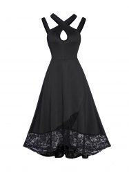 Cut Out Keyhole Sheer Floral Lace Panel Midi Party Dress -  