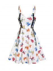 Colorful Frogs Print Lace Up A Line Mini Dress -  