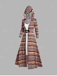 Ensemble de Haut Simple Long Bouclé et de Robe à Bretelle Deux Pièces à Imprimé Ethnique - café L