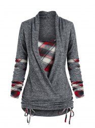 Plaid Print Cinched Heathered Faux Twinset T-shirt -  