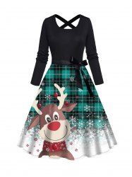 Christmas Snowflake Plaid Elk Print Crisscross Bowknot Belted A Line Dress -  