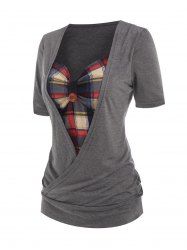 Plaid Print Wrap Short Sleeve Tee -  