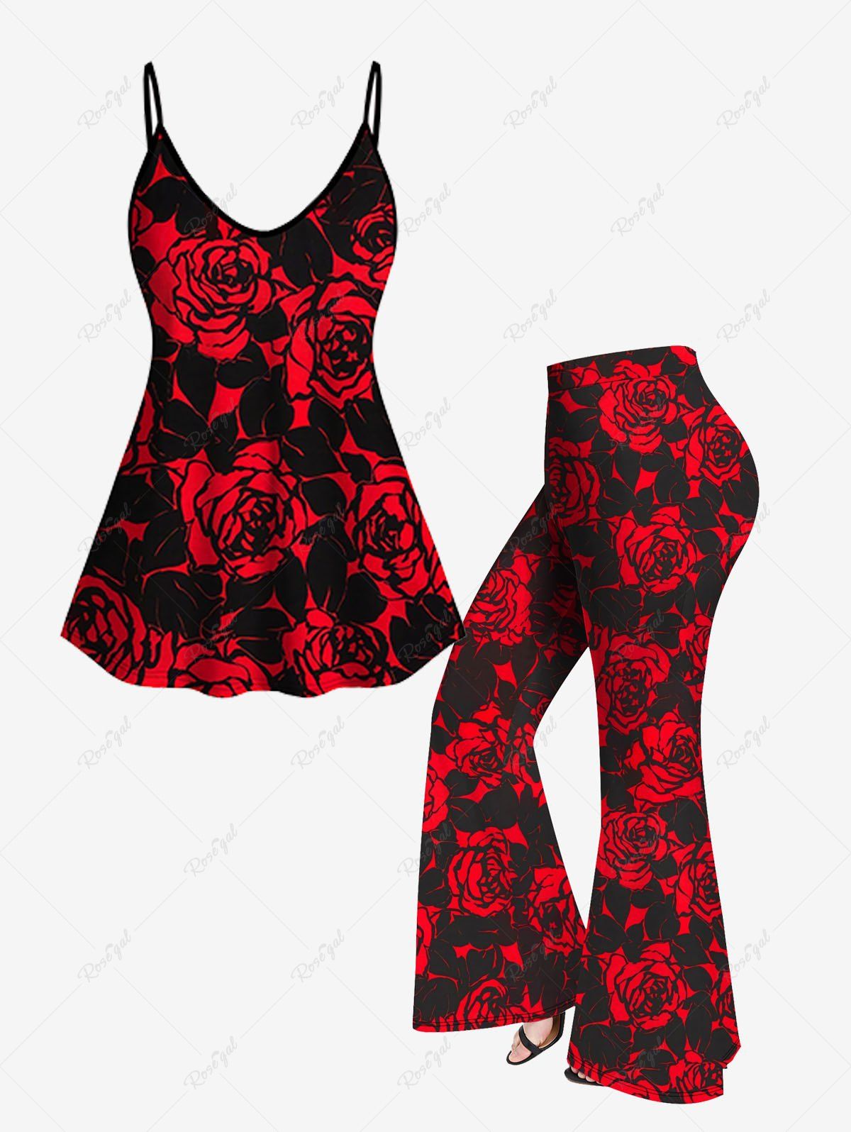 Store Rose Printed Cami Top (Adjustable Shoulder Strap) and Flare Pants Plus Size 70s 80s Outfit  