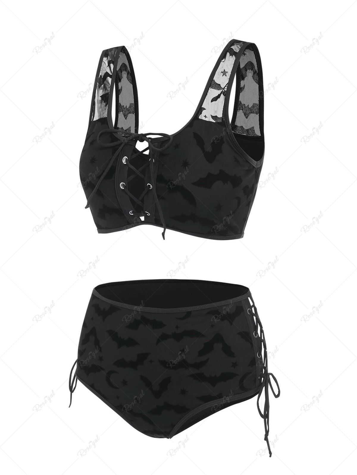 Bat Crescent Mesh Lace-up Padded Bikini Set - Xxxl