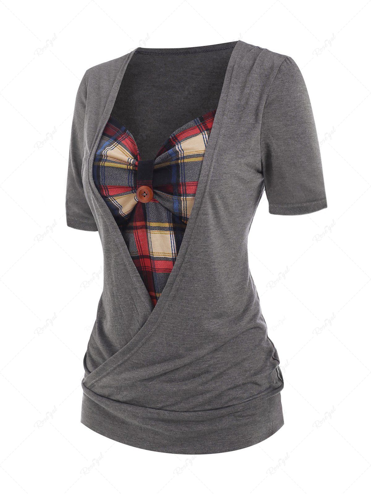 Cheap Plaid Print Wrap Short Sleeve Tee  