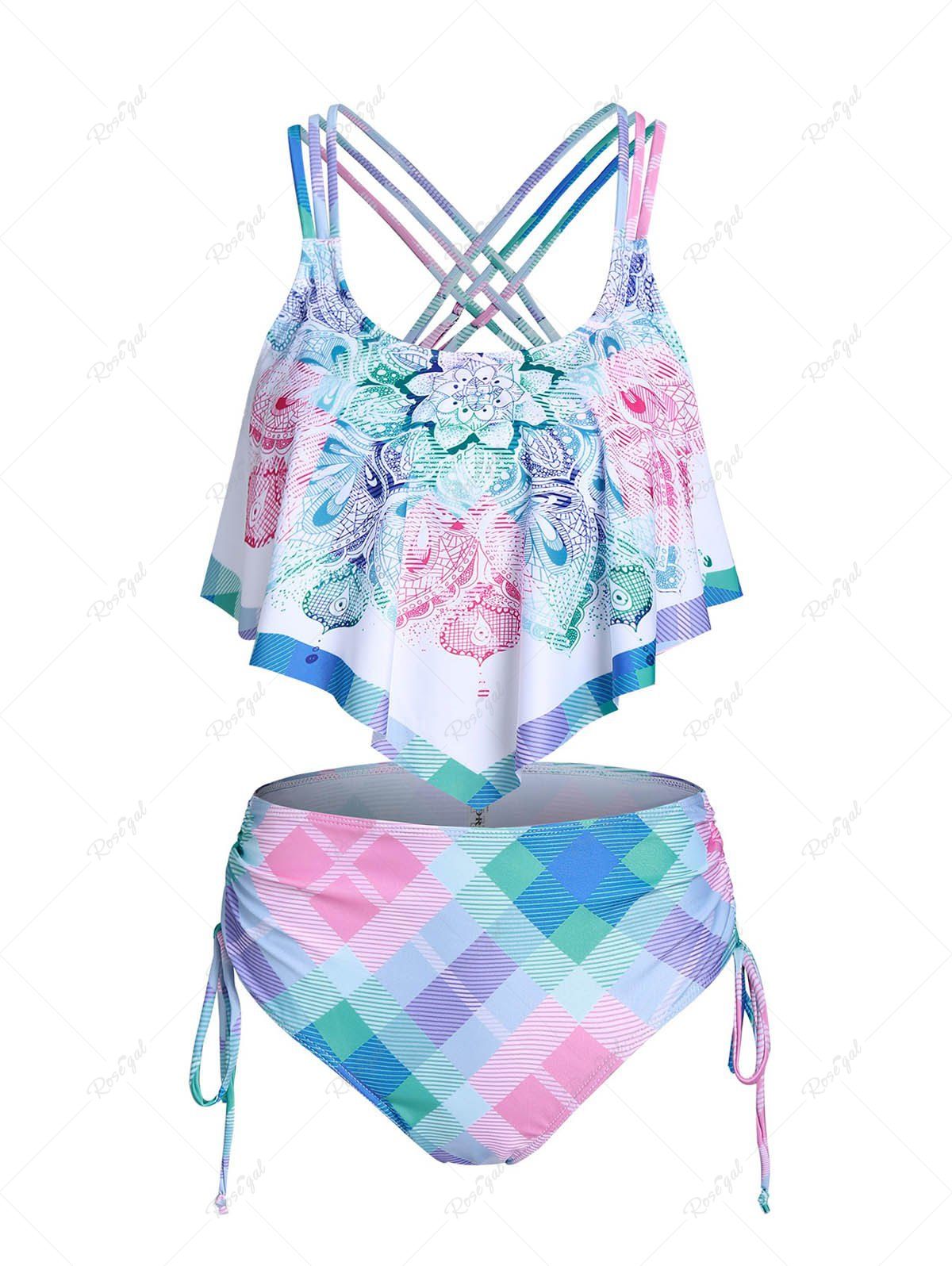 Unique Bohemian Print Criss-cross Cinched Tankini Set  