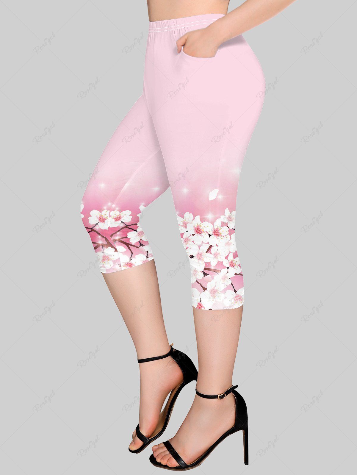 Legging Capri Fleur Imprimée de Grande Taille avec Poches Rose clair XS