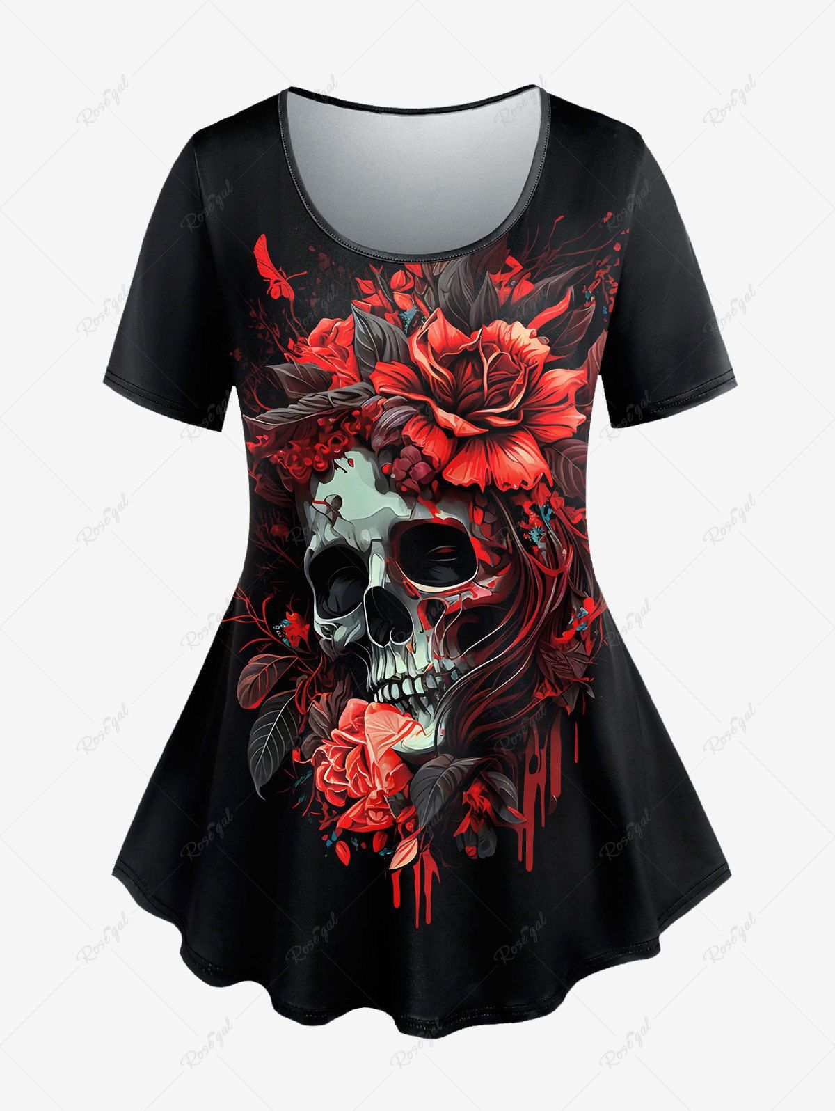 Affordable Halloween Plus Size Skull Flower Print Short Sleeves T-shirt  
