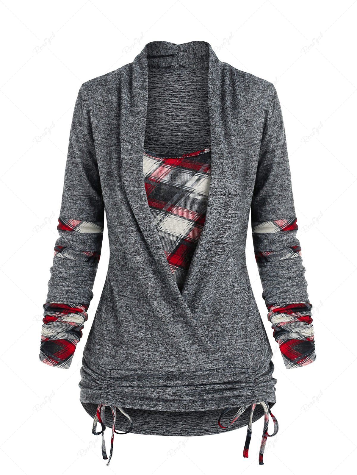 Buy Plaid Print Cinched Heathered Faux Twinset T-shirt  