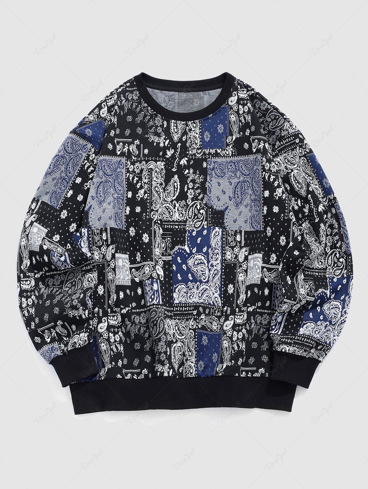Fashion Men's Ethnic Style Paisley Printed Jacquard Contrast Ribbed Edge Crew Neck Long Sleeve Sweatshirt  