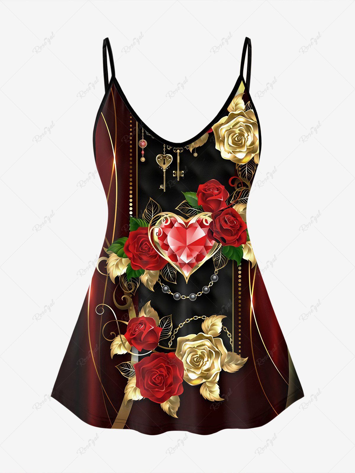 Haut à Bretelles Imprimé Coeur Rose et Diamant 3D à Épaules Dénudées Grande Taille Noir 6X