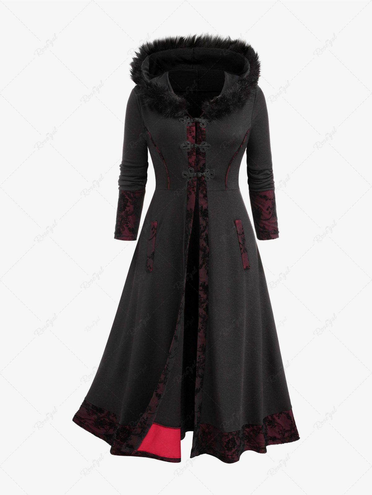 Online Plus Size Chinese Buttons Floral Lace Fur Hooded Coat  