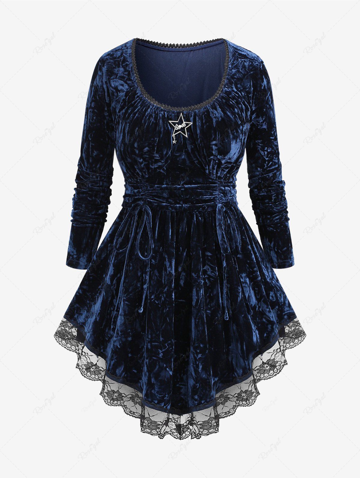 Plus Size Lace Trim Ruched Cinched Pentagram Buckle Velvet T-shirt Bleu profond 3X | US 22-24