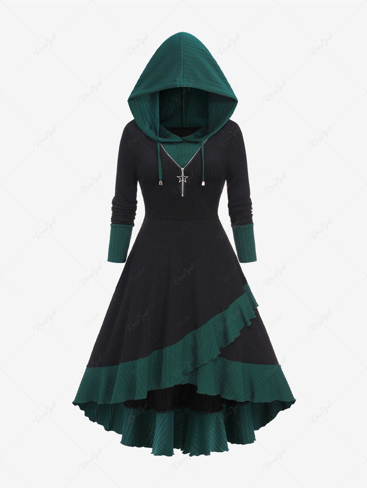 Outfit Plus Size Tulip Hem Ruffles Star Zipper Drawstring Hooded Dress  