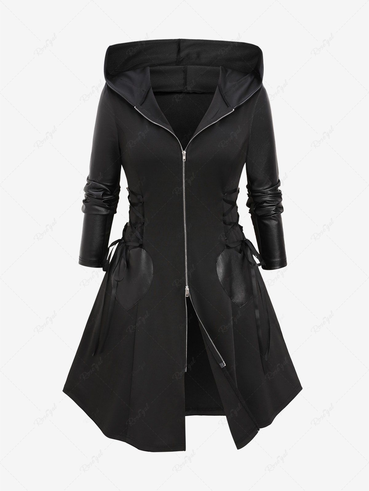 Trendy Plus Size Lace Up PU Leather Patchwork Hooded Zipper Coat  
