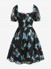 Plus Size Butterfly Print Ruffles Ruched Pentagram Zipper Dress -  