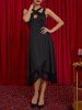 Cut Out Keyhole Sheer Floral Lace Panel Midi Party Dress -  