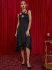 Cut Out Keyhole Sheer Floral Lace Panel Midi Party Dress -  