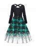 Christmas Snowflake Plaid Elk Print Crisscross Bowknot Belted A Line Dress -  