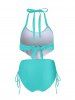 Maillot de Bain Tankini à Imprimé Plume Superposé à Volants - Turquoise Moyenne  2XL