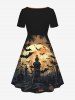 Halloween Bat Moon Tree Tombstone Stone Print Cinched Dress -  