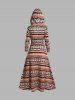 Plain Cami Dress And Tribal Print Buckle Longline Hooded Top Two Piece Ethnic Set -  