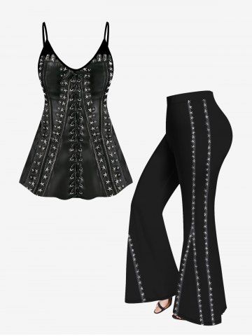 3D Pentagram Grommet Lace Up Print Cami Top and Flare Pants Plus Size 70s 80s Outfits - BLACK