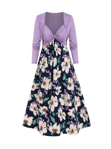 Twist Front Flower Print Cami Dress and Cropped Cardigan - LIGHT PURPLE - XXXL