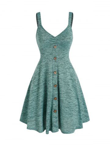 Sleeveless Space Dye Mock Button Mini Dress - GREEN - XL