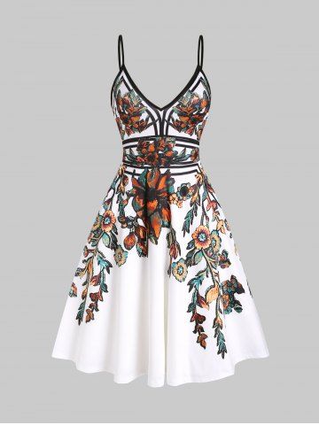 Flower Leaf Printed Slip Dress - WHITE - 3XL