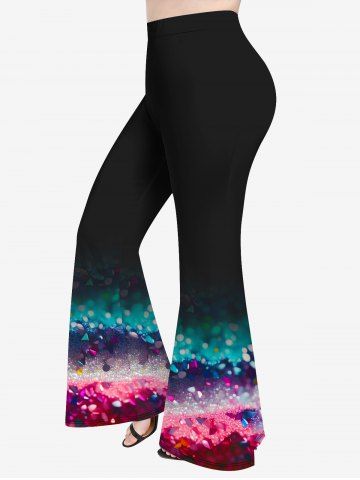 Plus Size Sequins Glitter Sparkling Colorblock Print Flare Pants - MULTI-A - S