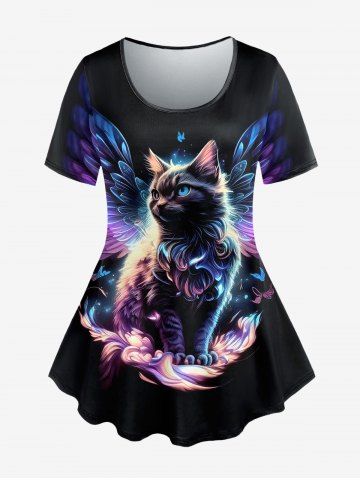 Plus Size Cat Wings Butterfly Glitter Print T-shirt - BLACK - XS