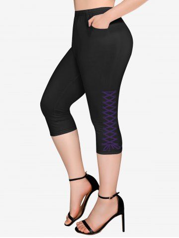 Plus Size 3D Lace Up Print Pockets Capri Leggings - BLACK - 1X