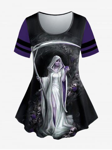 Plus Size Halloween Skull Flower Witch Print T-shirt - BLACK - XS